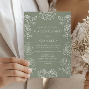 Invitation Rose Mariage moderne vert olive