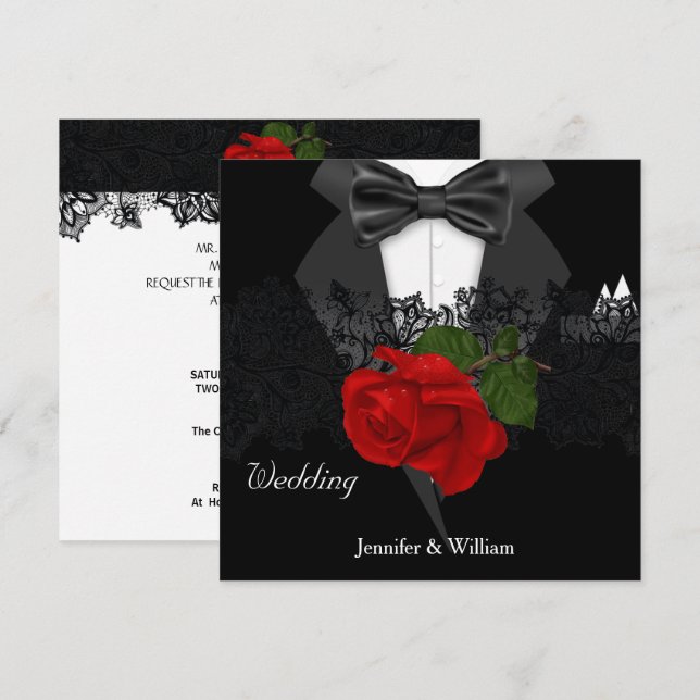 Invitation Rose mariage noir blanc Tuxedo profond rouge (Devant / Derrière)