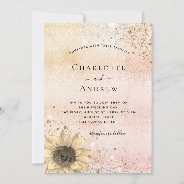 Invitation rose mariage or rustique tournesol parties scintil (Devant)