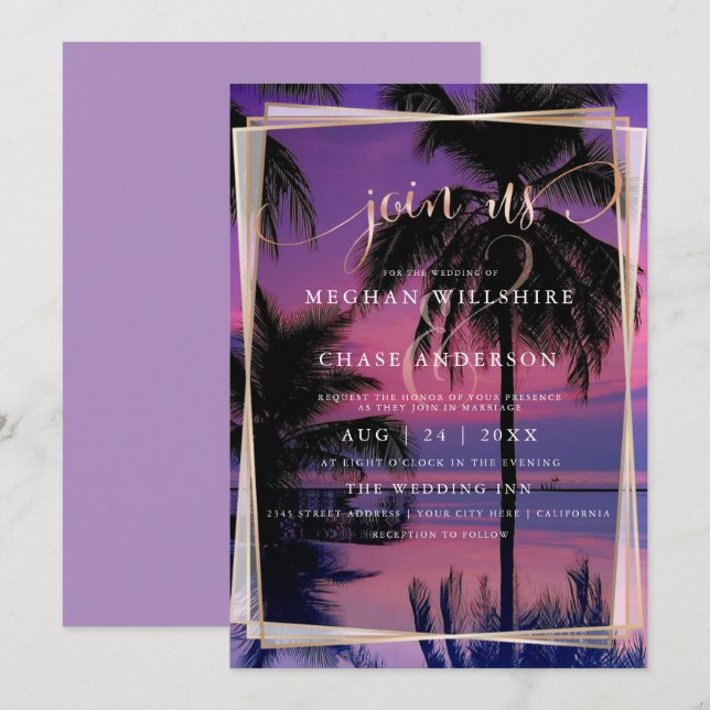 Invitation Rose mariage | Plage de nuit tropicale exotique (Devant / Derrière)