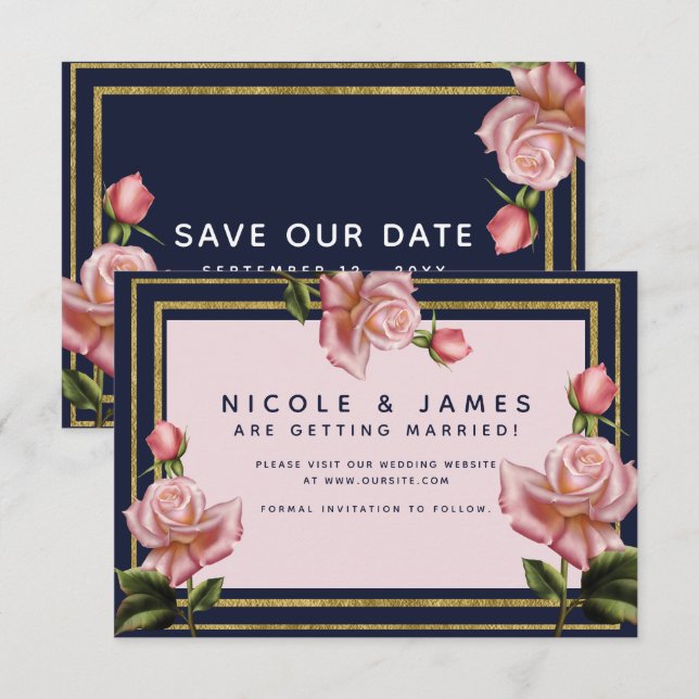 Invitation Rose Marine Bleu & Or Moderne Enregistrer la date (Devant / Derrière)