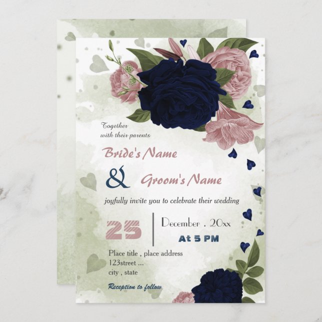 Invitation rose marine fleurs verdure mariage (Devant / Derrière)