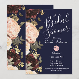 Invitation Rose Marron Floral Bleu Nuit Vert Réception de Mar