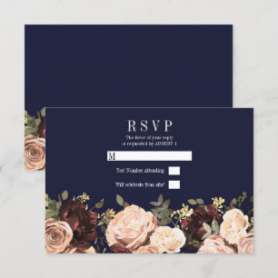 Invitation Rose Marron Floral Feuillage Bleu Marine Réponse M