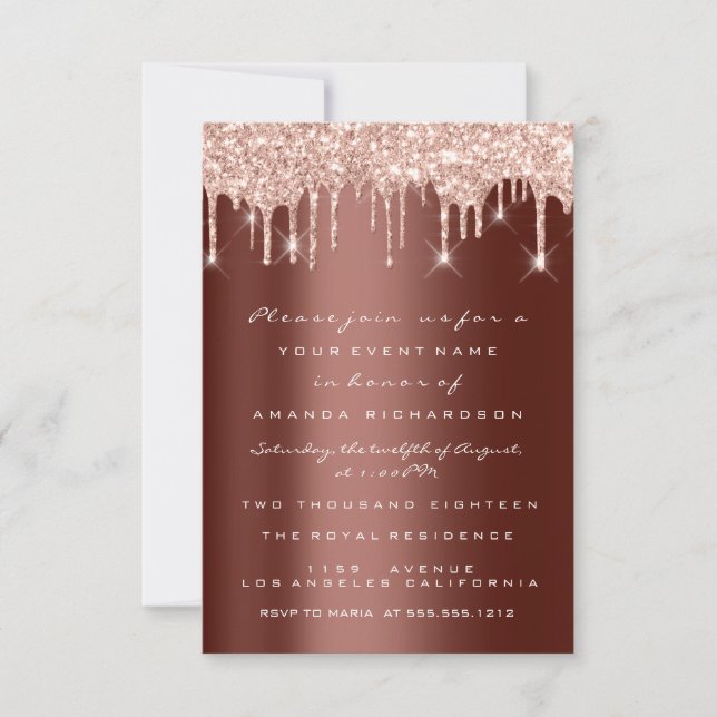 Invitation Rose Marron Paillettes Drips Mariage Douce 16e (Devant)