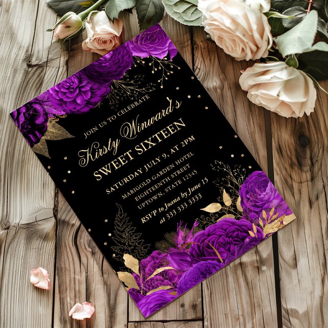 Invitation Rose mauve et or frontière Sweet sixteen floral (Créateur téléchargé)
