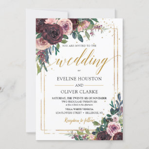Invitation Rose mauve tendance poussiéreux fleurs rose or par