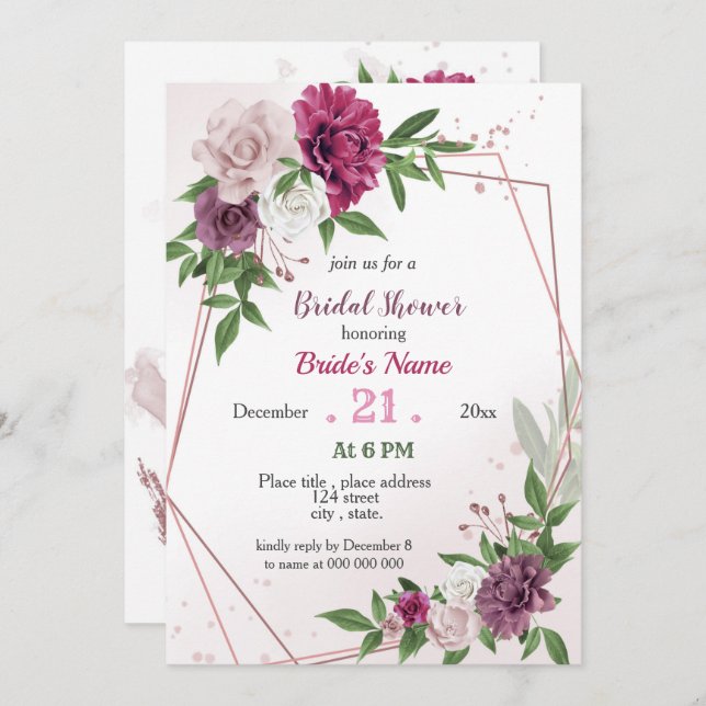Invitation rose mauve verdure géométrique douche nuptiale (Devant / Derrière)