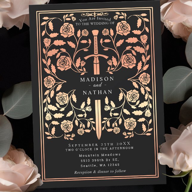 Invitation Rose médiéval noir Mariage d'épée d'or (Créateur téléchargé)