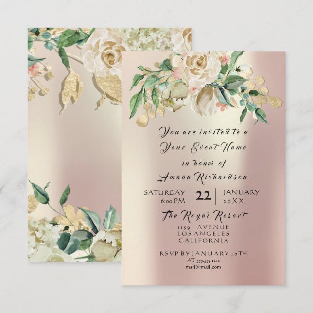 Invitation Rose Menthe Champagne Or Aquarelle Florale Perle (Devant / Derrière)