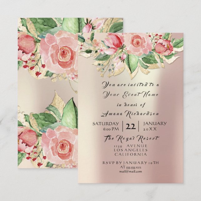 Invitation Rose Menthe Champagne Or Fleur Aquarelle Perle (Devant / Derrière)