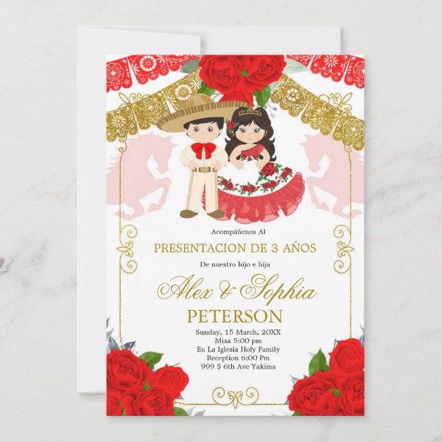 Invitation Rose mexicain rouge et or Twin Los Tres Anos (Devant)