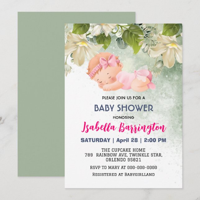 Invitation Rose mignon bébé fille Fleurs marguerites baby sho (Devant / Derrière)