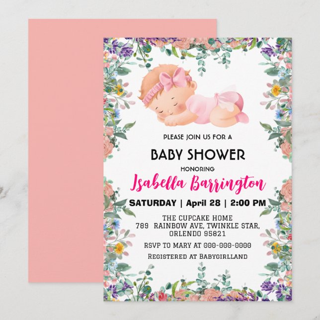 Invitation Rose mignon bébé Fleurs baby shower enfants (Devant / Derrière)