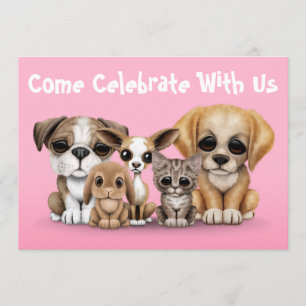 Invitation Rose mignon de portrait de chiots, de chaton et
