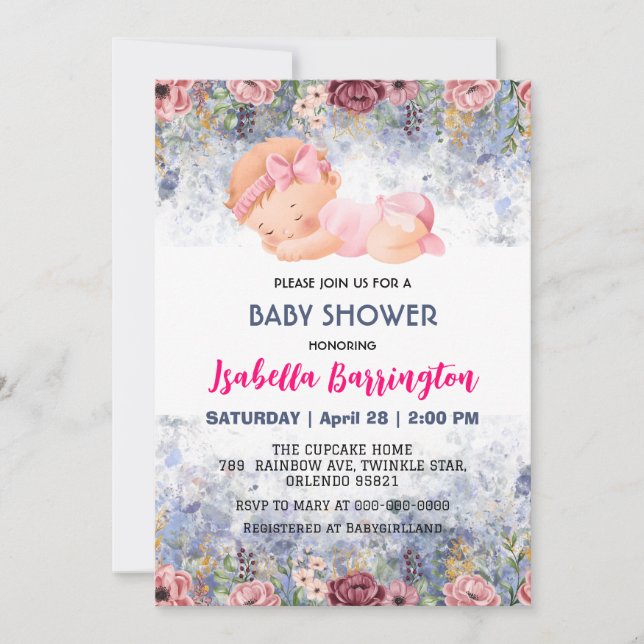 Invitation Rose mignonne bébé fille Rose fleurs baby shower e (Devant)
