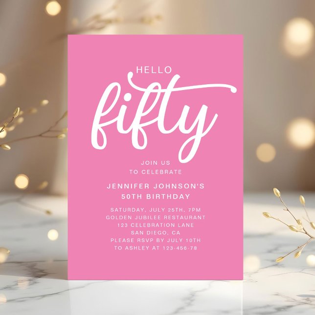 Invitation Rose moderne Bonjour 50e anniversaire (Modern Pink Hello 50th Birthday Invitation)