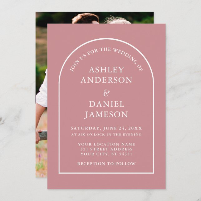Invitation Rose moderne élégant Arch Dusty Mariage photo (Devant / Derrière)