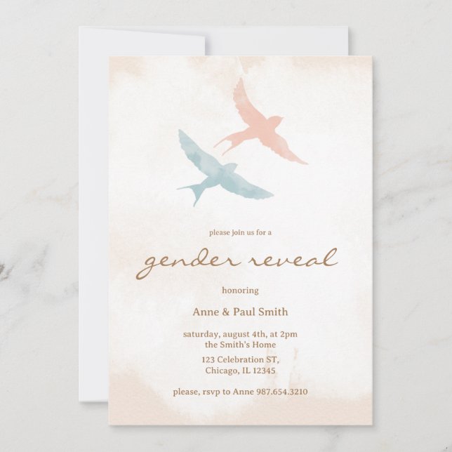 Invitation Rose moderne et bleu oiseaux simples sexe révéler (Devant)