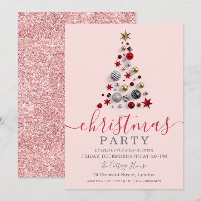 Invitation Rose moderne Gold Bauble Tree Noël (Devant / Derrière)