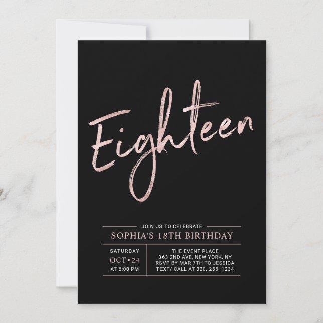 Invitation Rose moderne Gold & Black 18e fête d'anniversaire (Devant)