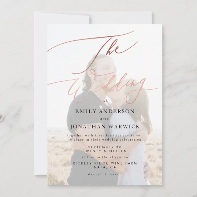 Invitation Rose moderne Gold Calligraphie Mariage photo (Devant)