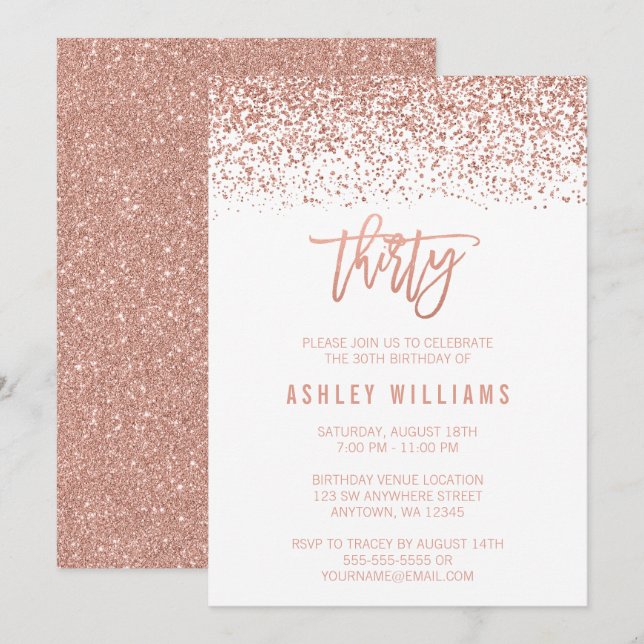 Invitation Rose moderne Gold Faux Parties scintillant 30e ann (Devant / Derrière)