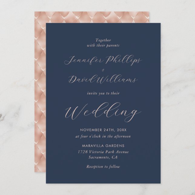 Invitation Rose moderne Gold Navy Blue Elegant Script Mariage (Devant / Derrière)