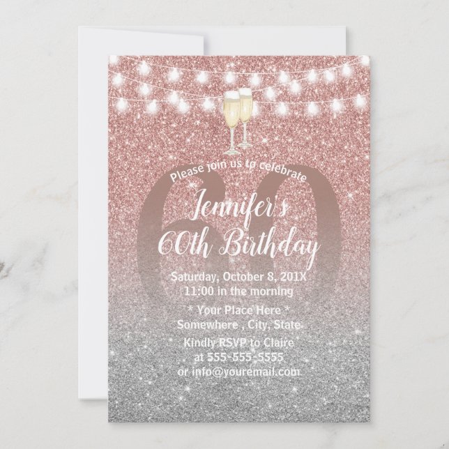 Invitation Rose moderne Gold & Silver Parties scintillant 60e (Devant)