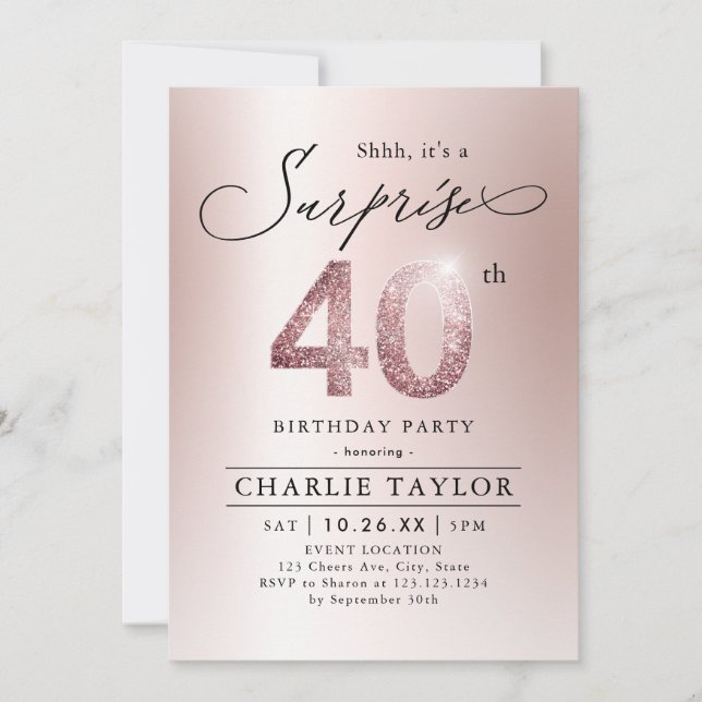 Invitation Rose moderne or adulte surprise 40e anniversaire (Devant)