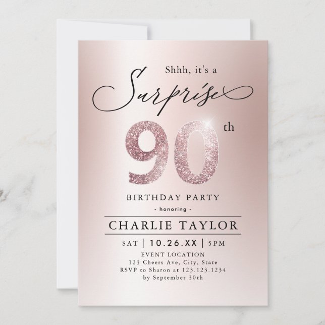 Invitation Rose moderne or adulte surprise 90e anniversaire (Devant)
