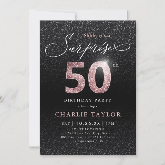 Invitation Rose moderne or noir surprise 50e anniversaire (Devant)