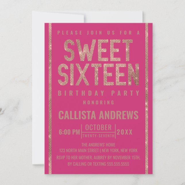 Invitation Rose moderne  or Parties scintillant cadre doux 16 (Devant)