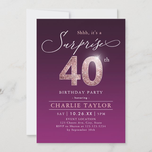 Invitation Rose moderne or violet surprise 40e anniversaire (Devant)