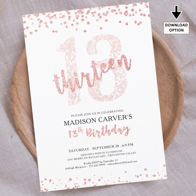 Invitation Rose moderne Parties scintillant or Confetti 13e a (Créateur téléchargé)