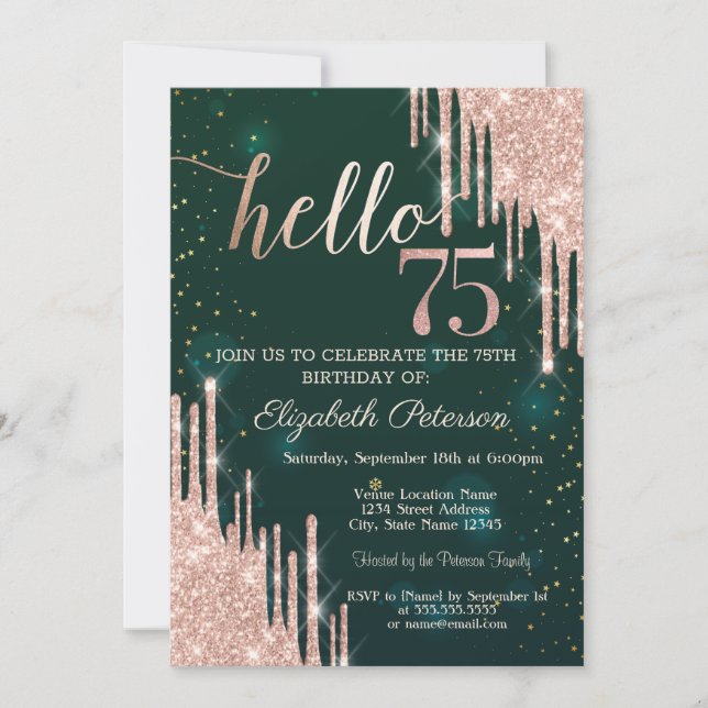 Invitation Rose moderne Parties scintillant or Drips Vert 75e (Devant)