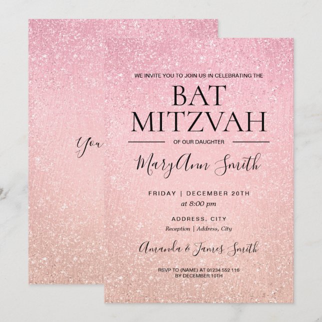 Invitation Rose moderne rose Bat mitzvah Faux Parties scintil (Devant / Derrière)