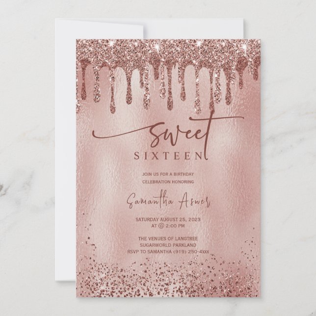 Invitation Rose modifiable Gold Sweet 16 Modèle (Devant)