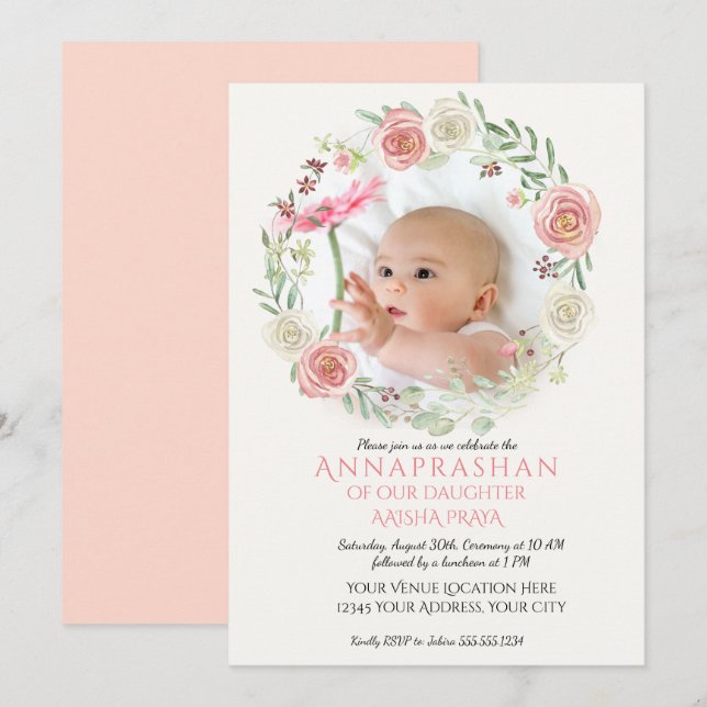 Invitation Rose n ivoire Roses Wreath Annaprashan Baby Girl (Devant / Derrière)