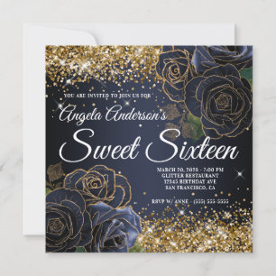 Invitation Rose Navy Blue Glitter Or Fête Des Seize Ans Brill