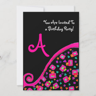 INVITATION ROSE NOIR ABSTRAIT DÉCO MONOGRAMME DE FÊTE D'ANNIV