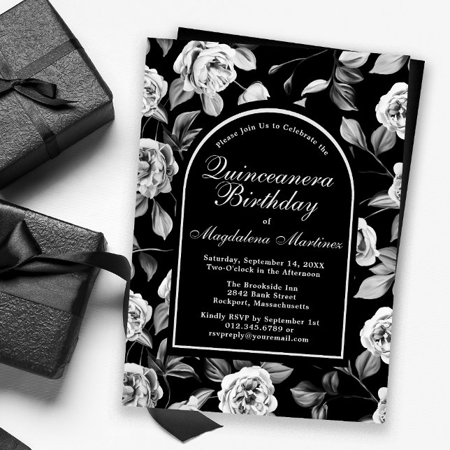 Invitation Rose noir blanc Arc Floral Quinceanera (Créateur téléchargé)