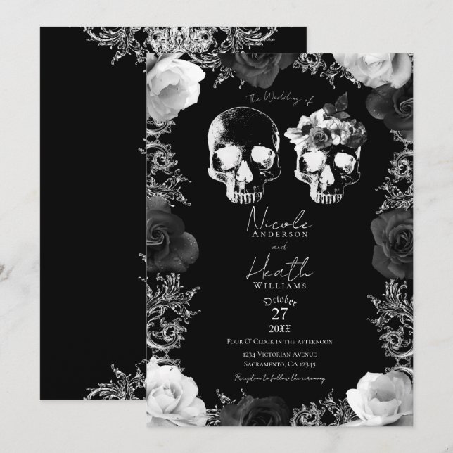 Invitation Rose noir blanc squelette crâne Mariage gothique (Devant / Derrière)