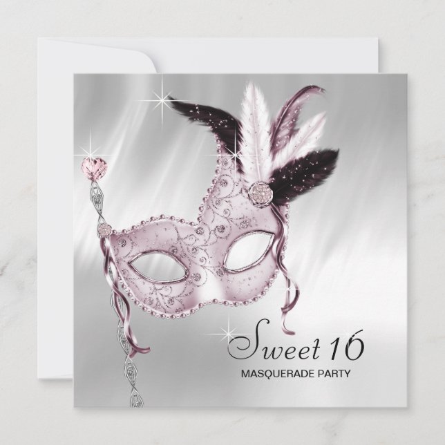 Invitation Rose noir blanc sucré 16 Masquerade Party (Devant)