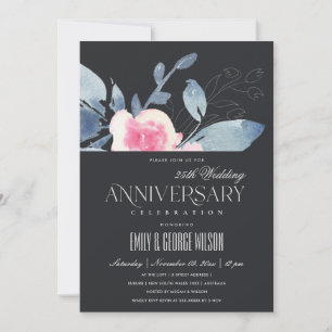 Invitation ROSE NOIR BLEU FLORAL 25e ANNIVERSAIRE TOUTE ANNÉE