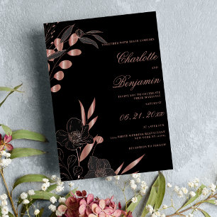 Invitation Rose noir classique or or élégant mariage à fleurs