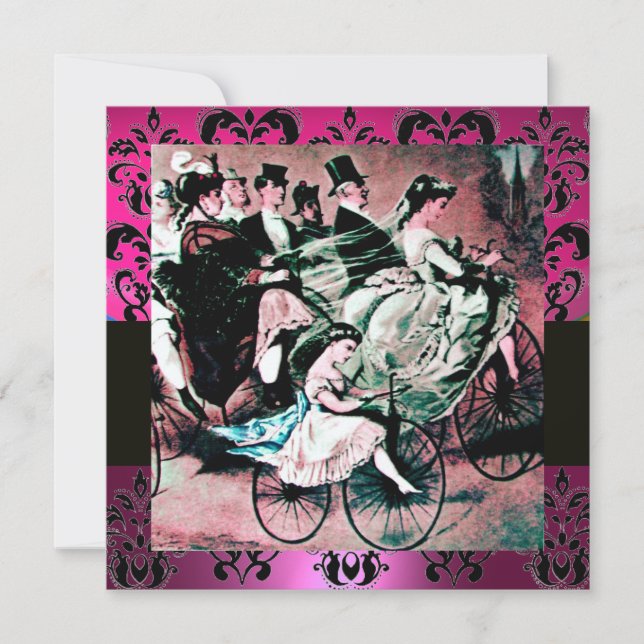 Invitation ROSE, NOIR, DAMAS MONOGRAMME VIOLET, blanc, fuchsi (Devant)