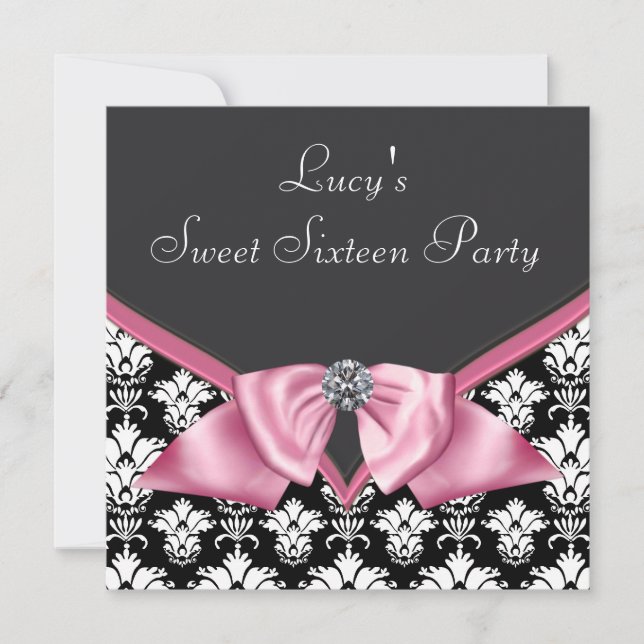 Invitation Rose Noir Damask Doux 16 Partie (Devant)