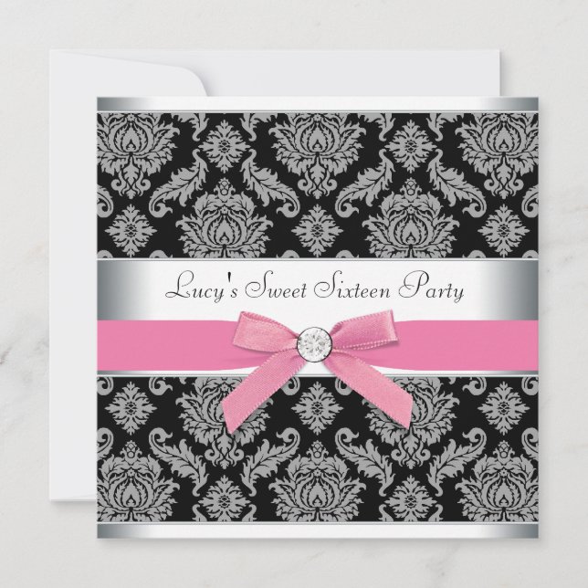 Invitation Rose Noir Damask Sweet 16 Anniversaire (Devant)