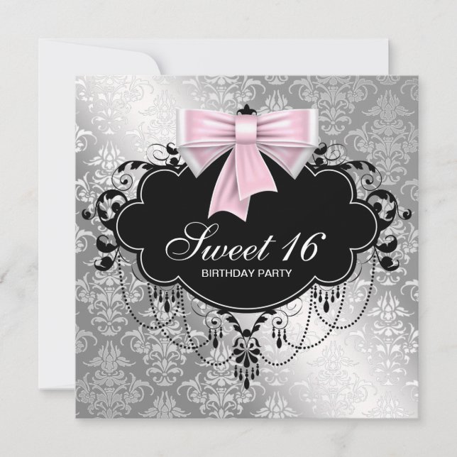 Invitation Rose Noir Damask Sweet 16 Anniversaire (Devant)